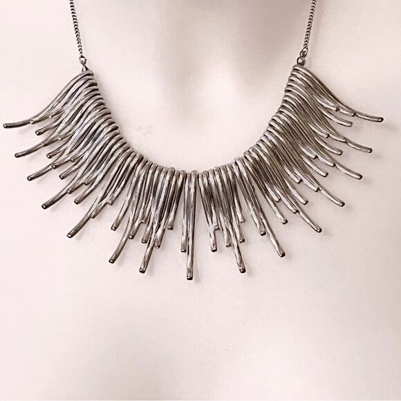 Boho Fringe Silver Tone Sunburst Statement Necklace - Picture 3 of 3